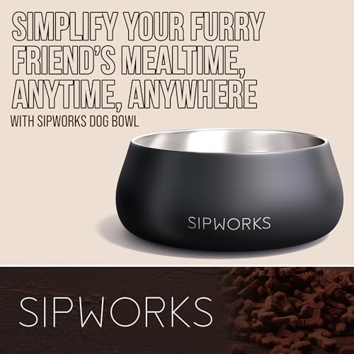 Sipworks Stainless Steel Dog Bowl – 32oz Weighted Metal Food and Water Bowls for Dogs and Cats with Non-Slip Base - Pet Bowls for All Breeds Sizes for Travel & Outdoor Play | Oyster