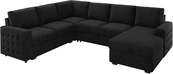 HONBAY Sectional Sleeper Sofa with Pull Out Bed U-Shape Sectional Couch with Storage Chaise 6 Seater Sleeper Sectional Sofa Bed, Velvet Black