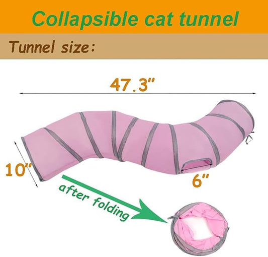 Cat Tunnel Tube Toy Collapsible 2 Way Pink, Pet Tunnels for Indoor Cats, Long Tubes for Kitten, Puppy, Rabbit, Interactive Toys for Fun Playtime & Exercise