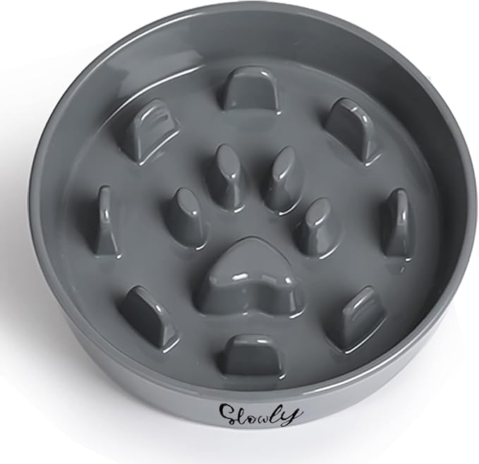 Slow Feeder Dog Bowls, Farmhouse Ceramic Fun Slow Eater Bowl for Medium Sized Dog, Grey