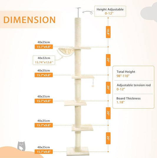 Cat Craft Floor to Ceiling Cat Tree,5 Tiers Tall Cat Tower with Adjustable Height(98-110),Skinny Ceiling Cat Tree with Cozy Hammock,Sisal Scratching Posts,Platforms,and Hanging Balls for Large Cats