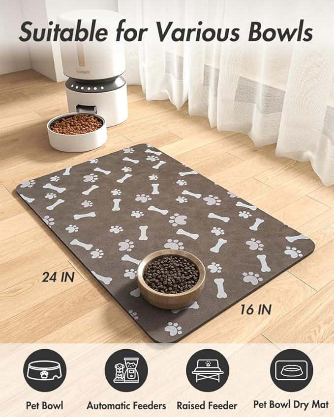 MontVoo Dog Food Mat-Pet Feeding Mat for Food and Water-No Stains Quick Dry Dispenser Cat Bowl Mat for Messy Drinkers(16"X24" Brown)