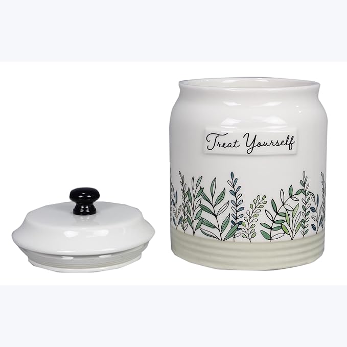 Young's Inc Quiet Cottage Ceramic Treat Jar with Airtight Lid, Leaf Botanical Design, Decorative Kitchen Counter Storage Canister for Snacks, Cookies, or Pet Treats, 8.3 Inch