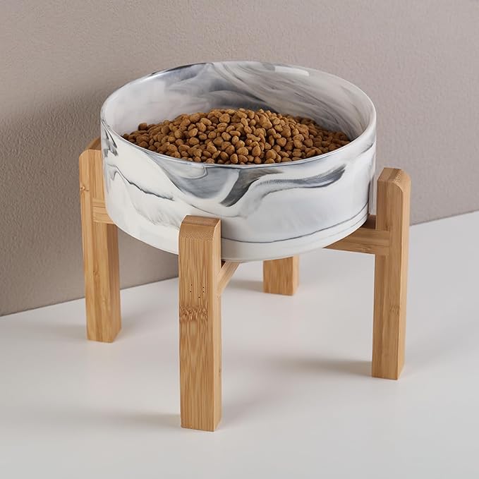 Raised/Elevated Ceramic Dog Bowl for Small Medium Sized Breeds,Dog Food Water Bowl with Stand,6 in Non Slip Heavy Weighted 3.6 Cups Marble Grey
