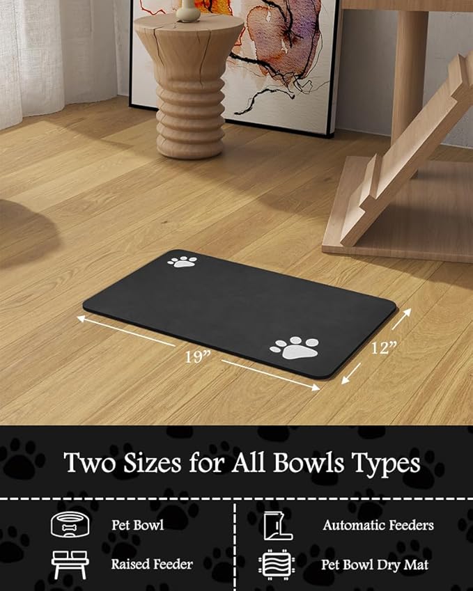 Pet Feeding Mat-Absorbent Dog Mat for Food and Water Bowl-No Stains Quick Dry Water Dispenser Mat-Dog Accessories Pet Supplies-Bowl for Messy Drinkers(Black,12"x19"