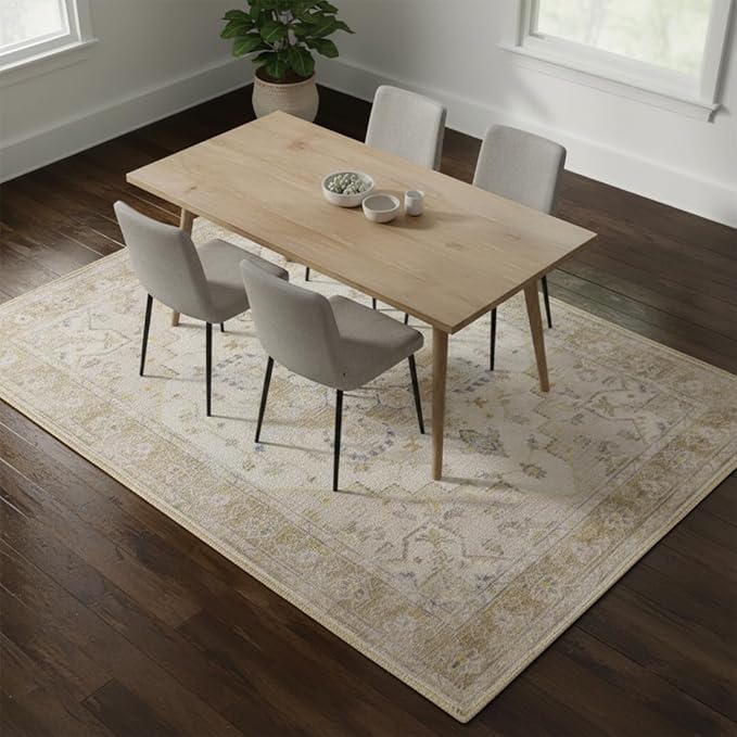 Muddy Mat짰 Champagne 5ft x 7ft Washable Area Rugs for Living Room, Bedroom & Dining Room ??Modern Soft Low Pile Non Slip Carpet ??Pet Friendly Waterproof Foldable Rugs for Home