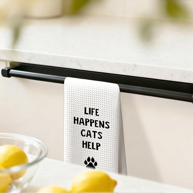 Funny Cat Kitchen Dish Towels, Cat Lovers Mom Lady Gifts, Life Happens Cats Help Decorative Hand Tea Towels for Bathroom Kitchen, 16x24 Inches