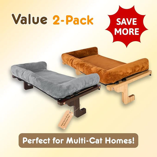 2 Pack Cat Window Perch with Cushion Bolster and Cool Pad, Cat Hammocks for Windows with Wood & Robust Metal Frame for Large Cats (Natural & Walnut Wood with Brown & Gray Cushion, 24" W)