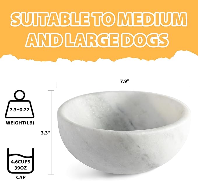 White Dog Bowl, Marble Dog Food Bowl, Non-Slip Stone Dogs Water Bowl Large, Non-Tipping Heavy Duty Pet Bowl for Large Dogs, African Natural Marble, Holds 4.6Cups(7.5lbs)