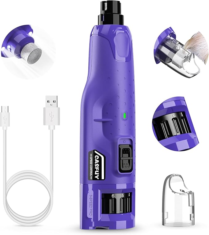 Casfuy Dog Nail Grinder Quiet - (45db) 6-Speed Pet Nail Grinder with 2 LED Lights for Large Medium Small Puppy Dogs/Cats, Professional 3 Ports Rechargeable Electric Dog Nail Trimmer with Dust Cap