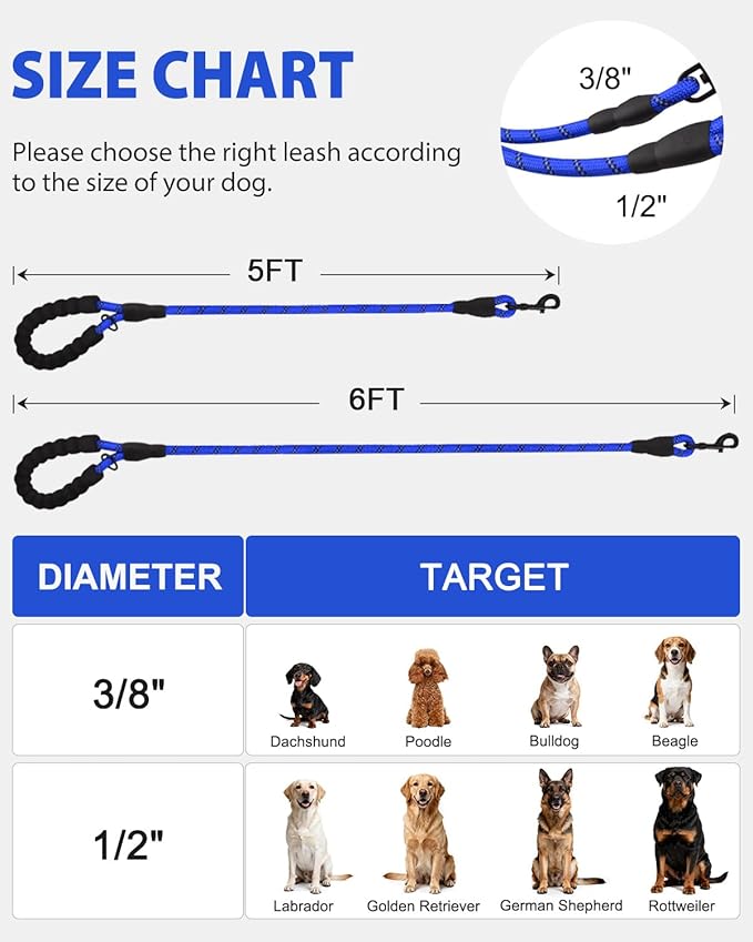 Joytale Dog Leash for Large Dogs, Heavy Duty Nylon Leashes with Comfortable Padded Handle and Highly Reflective Threads, Ideal for Walking and Training, Navyblue, 6'횞1/2''