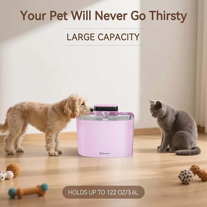 Cat Water Fountain, App Control Wireless Cat Fountain, 122oz/3.6L Pumpless Water Fountains for Cats Indoor with Stainless Steel Tray, Wi-Fi Dog and Pet Water Fountain (Pink, Fountain+2 Fliters)