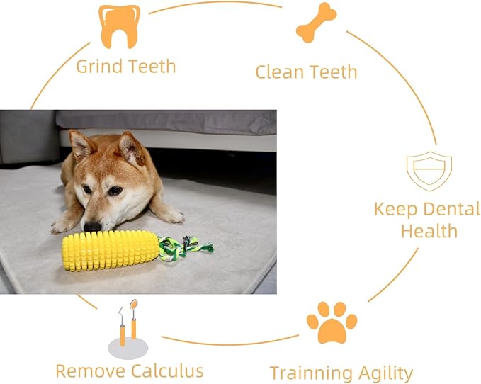 FJ Four Joys Corn-Shaped Dog Chew Toy, Squeaky Toy, Dog Toothbrush, Tough and Interactive Toy for Small, Medium and Large Dogs (Yellow wih Squeaky Toy)