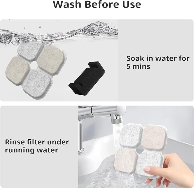 Cat Pet Water Fountain Filters, 6 Pack Replacement Filters Fit for 101oz/3L Crystal Cat Fountain, Triple Filtration System (6 Filters+6 Sponges)