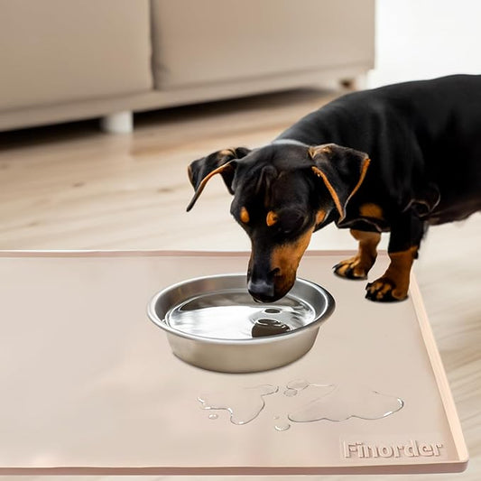 Finorder 34"x 21" 100% Silicone Pet Feeding Mat, Higher Raised Edges and Slip Resistant Pet Food and Water Bowl Mat, Waterproof Pet Food Placemat Silicone Tray, Dishwasher Safe (Beige)