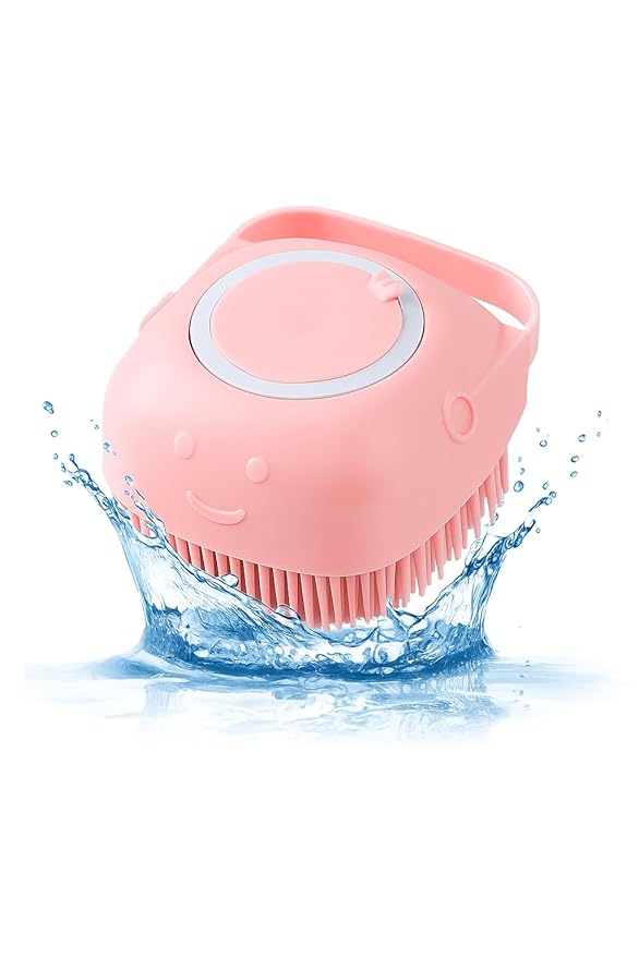 HamInWay Dog Bath Brush, 2-in-1 Dog Brush for Grooming with Built-in Shampoo Dispenser, Gentle Silicone Bristles for Bath & Massage,Easy Clean Design for Dog, Cats & Small Pets, Pink