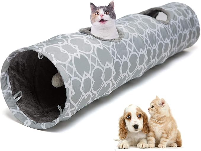LUCKITTY Geometric Straight Cat Tunnel with Plush Inside,Cats Toys Collapsible Tunnel Tube with Balls, for Rabbits, Kittens, Ferrets,Puppy, Diameter 9.8 Inch