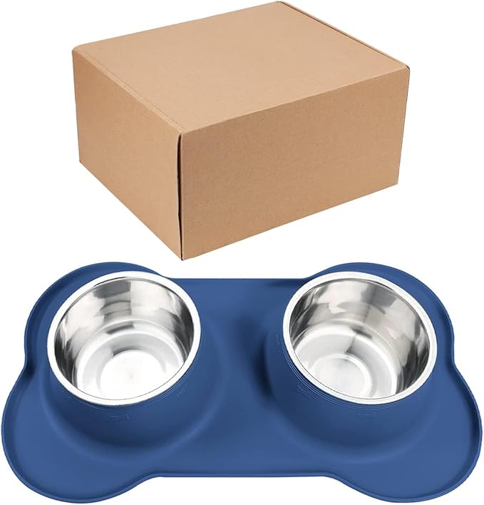 AsFrost Dog Food Bowls Stainless Steel Dog Bowls, Food Water Bowl Set with No Spill Non-Skid Silicone Mat, Dog Dish Double Pet Feeder Bowls for Small Medium Sized Large Dogs Cats Puppy, Blue