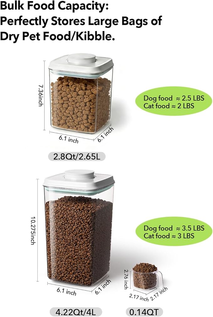 Dog Food Storage Containers Set with One-Touch Lid, (2 × 4.22 QT / 4.0 L) BPA-Free Cat Food Storage Container,Stackable Durable PET with 130ml Scoop, for Kibble & Treats Organization