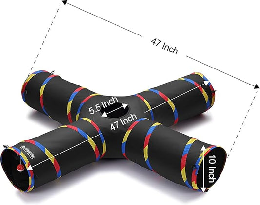 4 Way Large Cat Tunnels for Indoor Cats - 10" Diameter & 47" Long Play Tunnel Toy - Cat Tube with Play Ball & Mouse Toy - Interactive Peephole (Black)