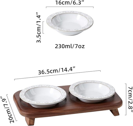 Raised Double Cat Dishes Set with Acacia Wood Stand, Ceramic Food & Water Bowls for Cats, Puppy, Kitty, Cat Feeder, Prevent Whisker Fatigue(Double Bowls+Stand, Arctic White)