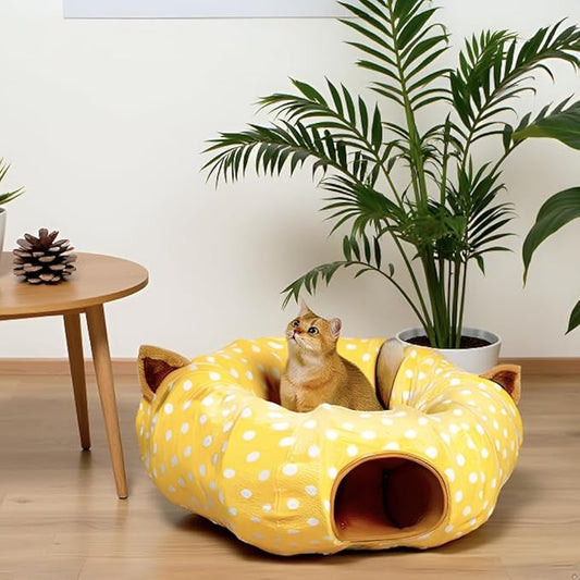 AUOON Cat Tunnel Bed for Indoor Cats - Large Cat Donut Tunnel with Hanging Ball Toy, Collapsible 2-in-1 Multifunctional Interactive Cat Toy for Kitten, Puppy, Rabbit, Ferret (Yellow)