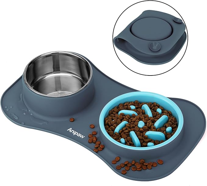 Slow Feeder Dog Bowls 3 in 1 Stainless Steel Dog Food and Water Bowls with Non-Spill and Non-Skid Silicone Mat to Slow Down Eating for Large Medium Small Breed Size Dogs and Cats