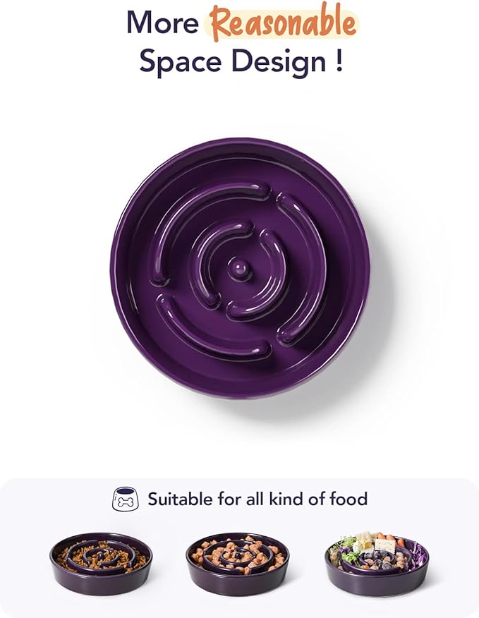 LE TAUCI Ceramic Slow Feeder Dog Bowls Elevated, 3 Cup Raised Bowl with Wooden Stand for Medium Large Breed, Slow Down Eating, Puzzle Dog Food Bowl, Maze Purple