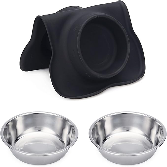 Hubulk Pet Dog Bowls 2 Stainless Steel Dog Bowl with No Spill Non-Skid Silicone Mat + Pet Food Scoop Water and Food Feeder Bowls for Feeding Small Medium Large Dogs Cats Puppies (Large, Black)