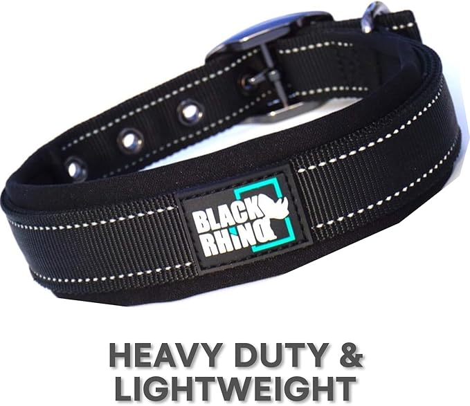 Black Rhino Dog Collars for Large Dogs - Adjustable Reflective Heavy Duty Dog Collar with Ultra-Soft Neoprene Padding - Weatherproof, Durable, and Comfortable - Ideal for Active Dogs - Black