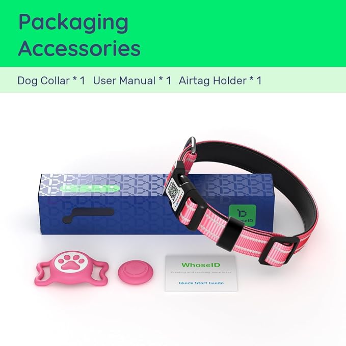 Airtag Dog Collar, Reflective Ultra-Durable Nylon Padded with QR Code Buckle & IP68 Waterproof Air Tag Holder Compatible for Apple AirTag, Comfortable for Small Medium Large Dogs (Hot Pink, XS)