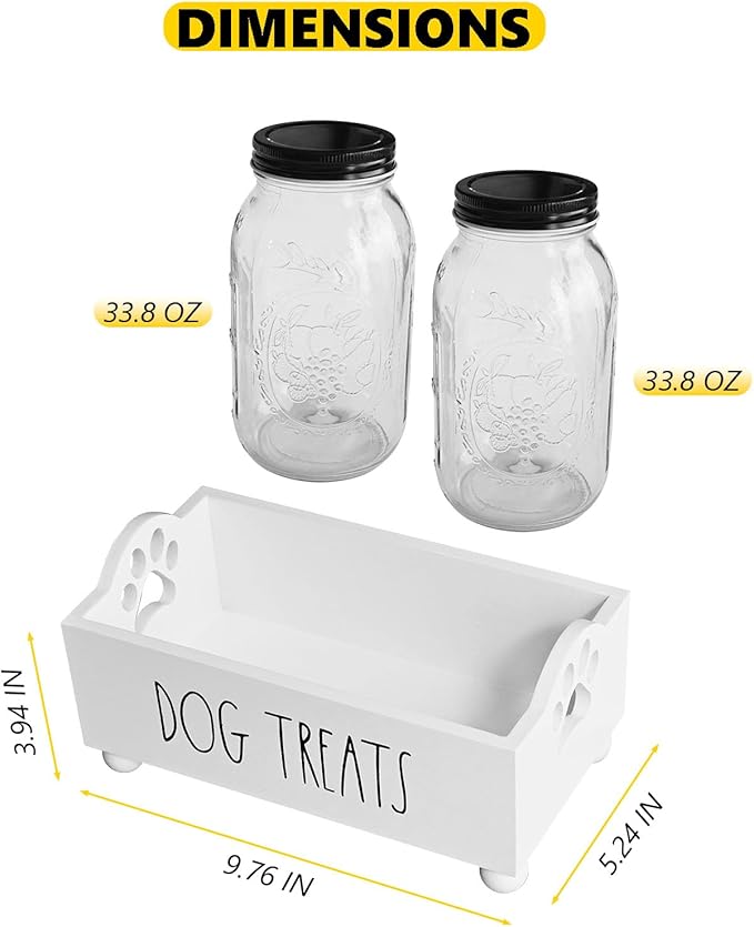 CHONIC Dog Treat Container, Pet Treat Holder with Glass Jars, Farmhouse Dog Food Storage Organizer, Airtight Dog Treat Bin, Cat Dog Biscuit Dispenser, Pet Accessories (White - 2 Glass Jars)