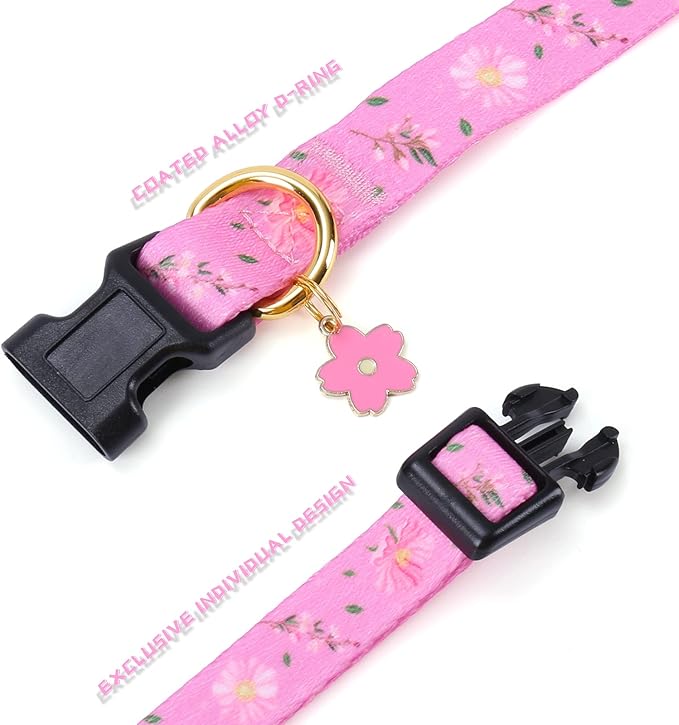 Cotton Handmade Dog Collar for Small Medium Large Dogs,Pink Flowers with Pendant Cute Dog Collars (Large)