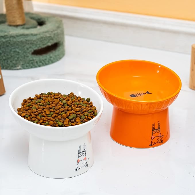 6.5 Inch Extra Wide Ceramic Raised Cat Bowl Set, Tilted Elevated Cat Bowls for Food and Water, Prevent Whisker Fatigue, Stress Free, Less Vomiting, Protect Spine, Lead & Cadmium Free, White & Orange