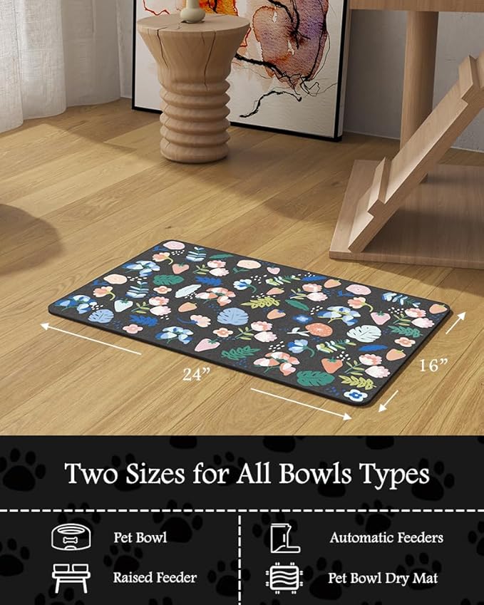 Pet Feeding Mat-Absorbent Dog Mat for Food and Water Bowl-No Stains Quick Dry Water Dispenser Mat-Dog Accessories Pet Supplies-Bowl for Messy Drinkers(DARKFLOWERS,16"x24"