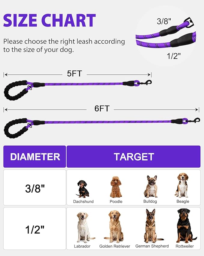 Joytale Dog Leash for Small Dogs, Heavy Duty Nylon Leashes with Comfortable Padded Handle and Highly Reflective Threads, Ideal for Walking and Training, Purple, 5'횞3/8''