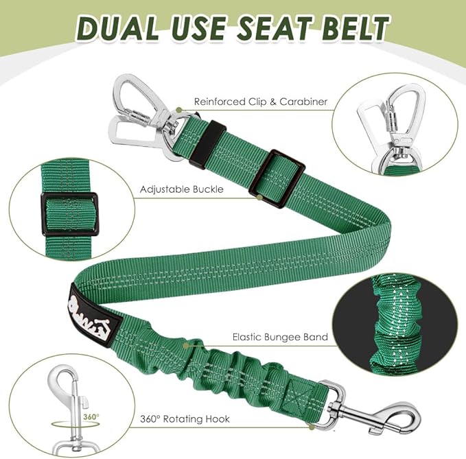 Lukovee Dog Seat Belt for Car, Adjustable Dog Car Harness for Large Medium Small Dogs, Soft Padded & Breathable Mesh Dog Seatbelt with Car Strap and Carabiner (Green,S)