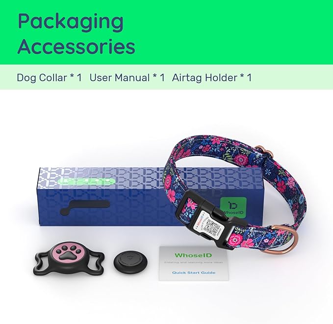 WhoseID Airtag Dog Collar,with Waterproof airtag Holder竊똎riginal Stylish Cute Pattern Design.QR Code ID Buckle竊똂omfortable Soft Cotton for Small Medium Large Dogs
