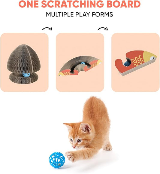 Kitty Kurlz Magic Organ Cat Scratcher Toy, Expandable Cardboard Cat Scratching Board, Interactive Cat Tunnel & Cat Bed with Bell Ball, Helps Protect Furniture & Keep Cats Active