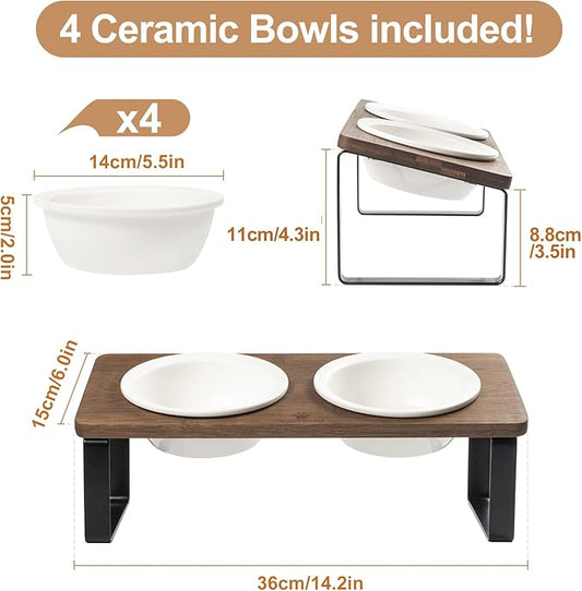 Sunhoo Elevated Cat Bowls for Indoor Cats Ceramic Kitty Dish Food Water Raised Tilted Puppy Feeding Sation with 4 Dishes Wooden Stand Pet Feeder Metal Legs Orthopedic ReducesVomiting(Brown)