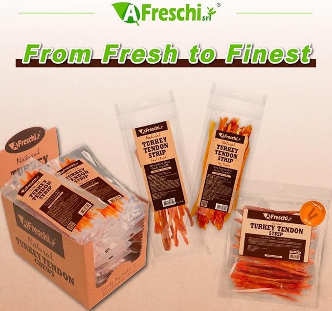 A Freschi srl Turkey Tendons for Dogs, Long-Lasting, Hypoallergenic Rawhide Alternative, Human Grade, Healthy Puppy Chews, Natural Dog Treats for Small Dogs, Strips, 3oz Pack