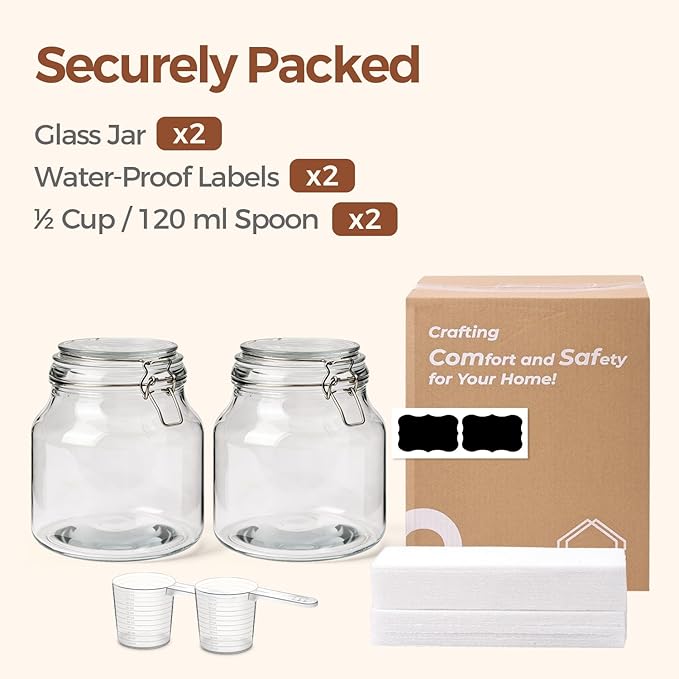 ComSaf 2 Pack 74 oz Glass Jars with Airtight Lids, Large Glass Storage Containers for Pantry,Wide Mouth Storage Jars for Flour Sugar & Pickling Meal Prep, Includes Labels & 120ml Measuring Cup