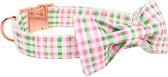 Maca Bates St. Patrick's Day Irish Plaid Dog Collar with Fancy Bow Tie,Cherry Pink Green Gingham Pattern for Small Girl Boy Dogs,Adjustable Durable Soft Collars Gift for Male Female Puppy