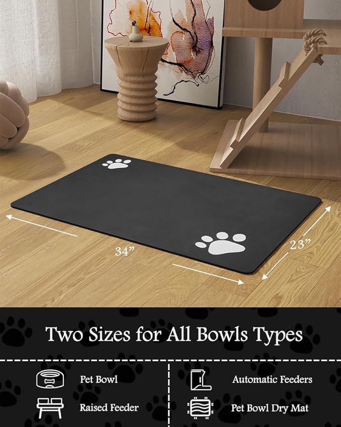 Pet Feeding Mat-Absorbent Dog Mat for Food and Water Bowl-No Stains Quick Dry Water Dispenser Mat-Dog Accessories Pet Supplies-Bowl for Messy Drinkers(Black,23"x34"