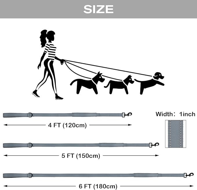 Joytale Dog Leash Heavy Duty for Large Dogs That Pull, Double Handle for Traffic Control, Double-Sided Reflective Leashes for Large Medium Dogs Night Safety, 5FT, Gray