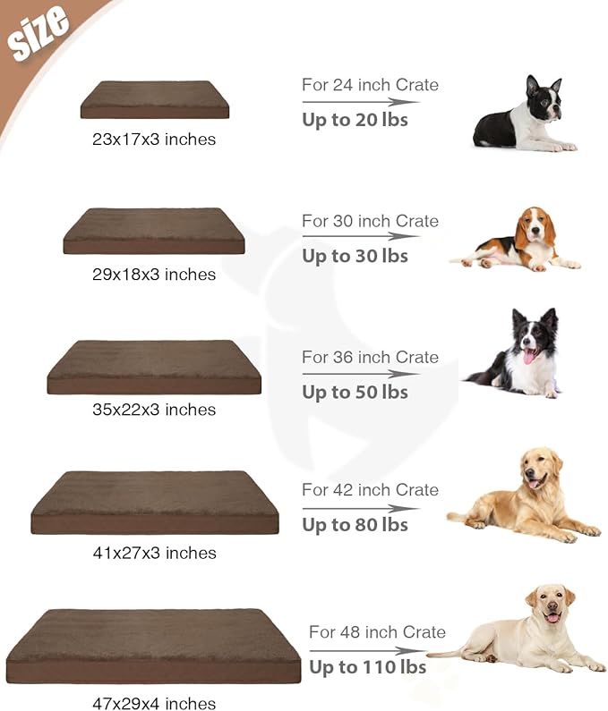 KSIIA Orthopedic Dog Bed Crate Waterproof Pet Mats for Large Dogs Deluxe Plush Washable Pet Bed with Egg Crate Foam & Removable Cover, 35 x 22 Inch, Brown