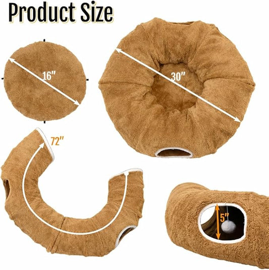 R1M Cat Tunnel Bed for Indoor Cats, Cute Cat Donut Tunnel Toys for Small, Larger Cats with Two Fish Cat Toys, Round Pet Peekaboo Cave Toy for Kitten, Brown