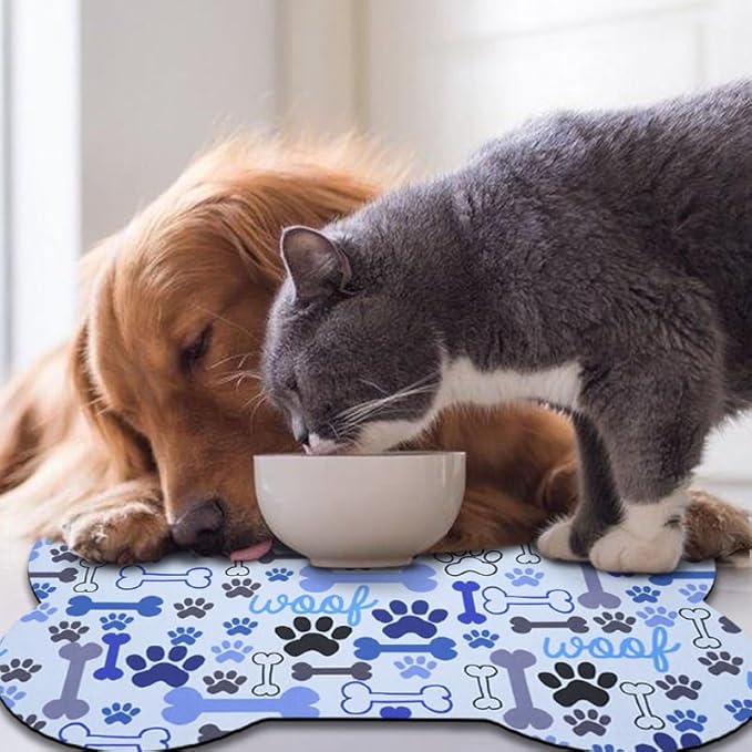 Dog Food Mats for Floors Waterproof, Pet Feeding Absorbent Water Bowl Mat Cat Placemats Blue Bone Shape 19 * 12 inch