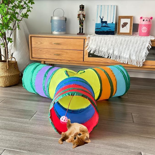 Cat Tunnel Tube Toy Collapsible 3 Way Rainbow, Pet Tunnels for Indoor Cats, Play Tubes with Hanging Ball Perfect for Kittens, Puppies, Rabbits, Interactive Toys for Fun Playtime & Exercise