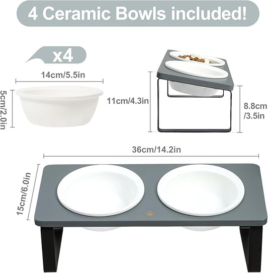 Sunhoo Elevated Cat Bowls for Indoor Cats Ceramic Kitty Dish Food Water Raised Tilted Puppy Feeding Sation with 4 Dishes Wooden Stand Pet Feeder Metal Legs Orthopedic ReducesVomiting(Grey)
